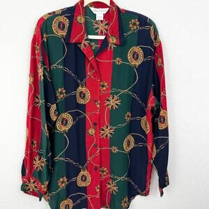 Casual Corner Womens Vintage Button Down Shirt Size M 100% Silk Chain Preppy Red